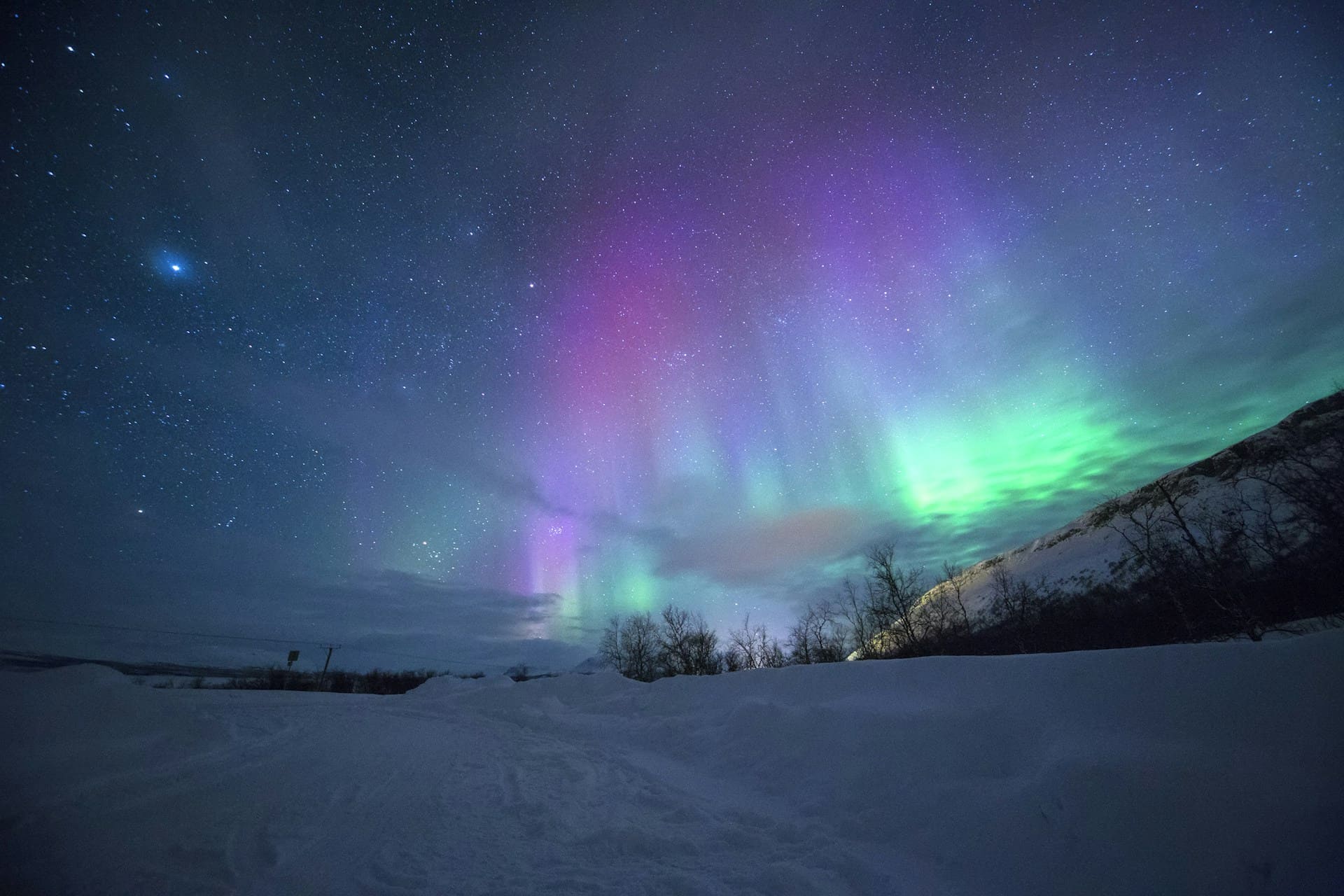 Aurora borealis rippling in green and violet over a snow-covered Finnish landscape