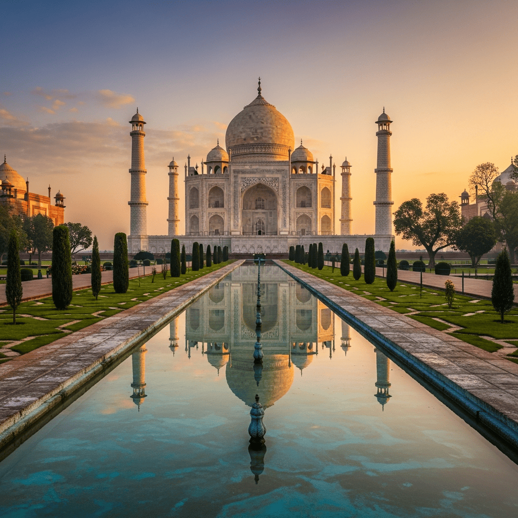 Taj Mahal at golden hour sunrise reflected in the long symmetrical pool