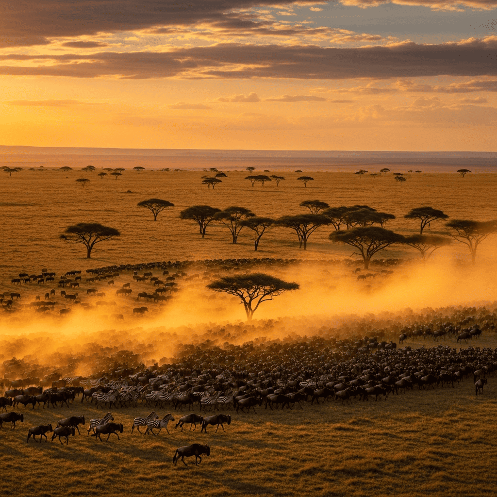 Tens of thousands of wildebeest stampeding across golden Maasai Mara savanna at golden hour