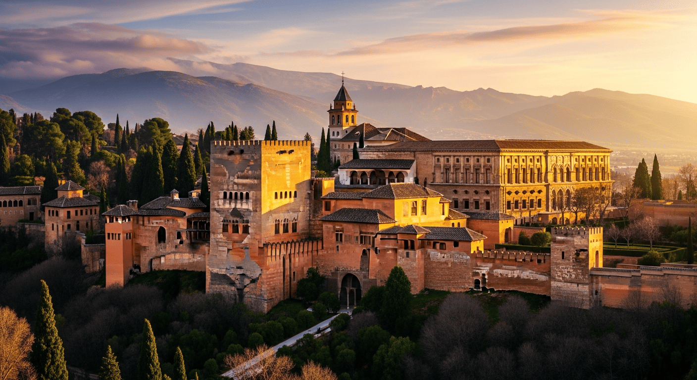 The Alhambra palace in Granada Spain glowing amber and gold at sunset with the Sierra Nevada mountains behind