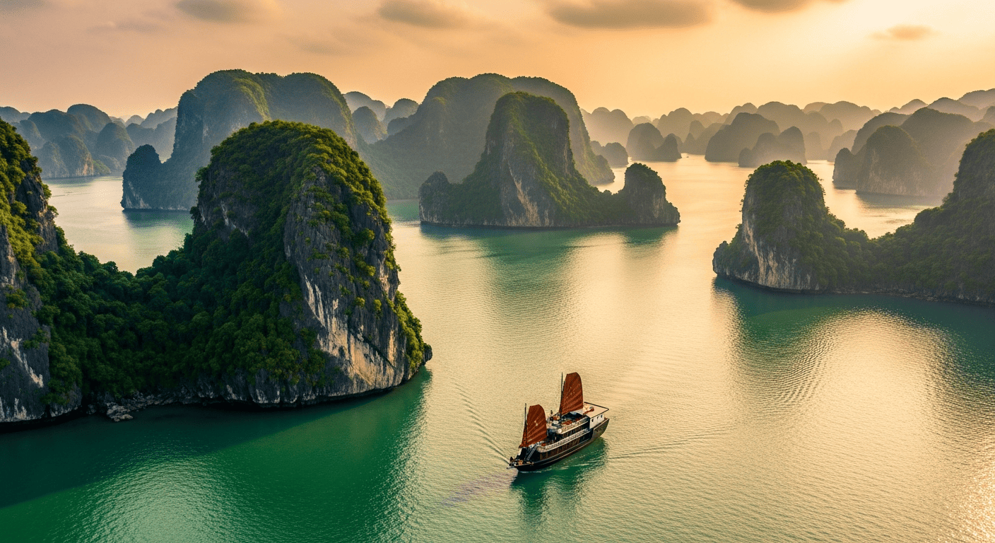 Emerald tropical waters and lush coastline evoking Vietnam's Ha Long Bay and Phu Quoc island paradise